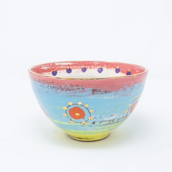 Pink, yellow and blue bowl with dots of gold luster