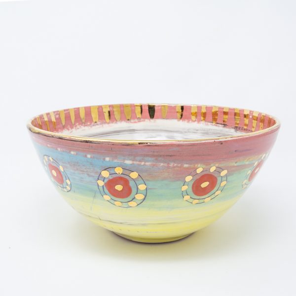 Yellow, blue and pink ceramic salad bowl with dots of gold luster