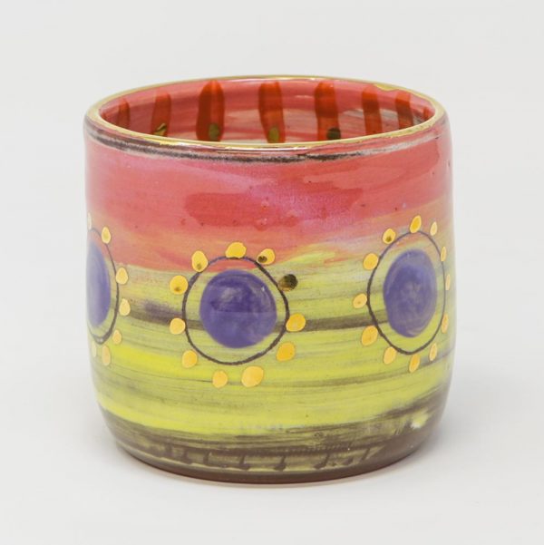 Colombia, inspired, artisan, handmade, ceramics, pottery, vase, small, table, display, gold luster, bright, colours, pink, blue, purple, Leyla, Leyla Folwell