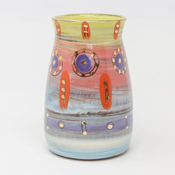 Colombia, inspired, artisan, handmade, ceramics, pottery, vase, small, table, display, gold luster, bright, colours, pink, blue, purple