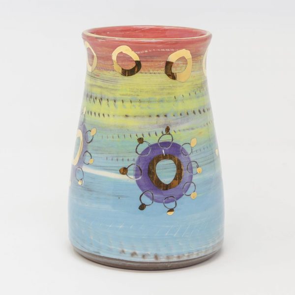 Leyla Folwell, Colombia, inspired, artisan, handmade, ceramics, pottery, vase, large, table, display, gold luster, bright, colours, pink, blue, purple