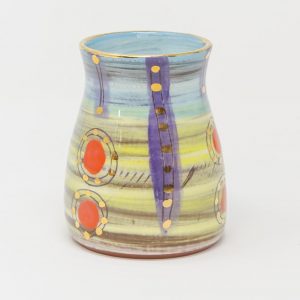 Colombia, inspired, artisan, handmade, ceramics, pottery, vase, small, table, display, gold luster, bright, colours, pink, blue, purple