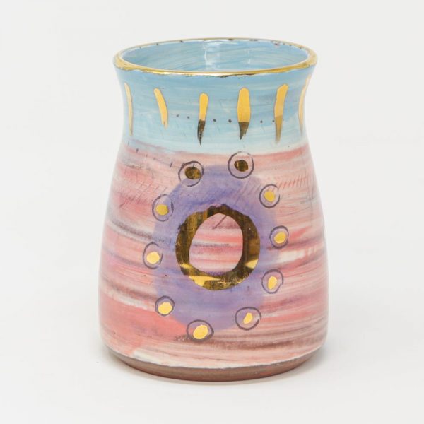 Colombia inspired artisan handmade ceramics pottery vase small for table display with gold luster and bright colours, pink, blue and purple
